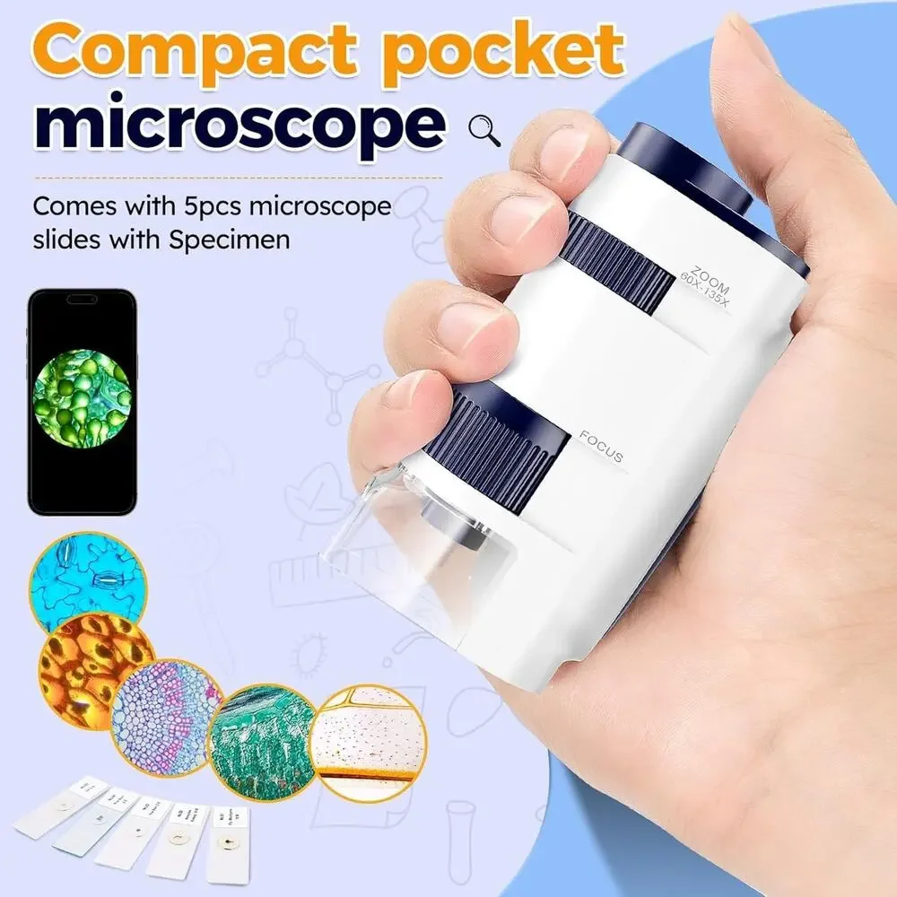 Bebang Pocket Microscope with Slides 60X-135X LED Light NIB